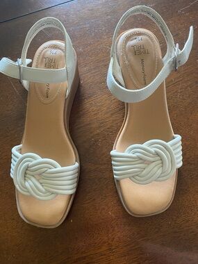 Time and Tru White Knotted Strap Wedge Sandals with Ankle Buckle